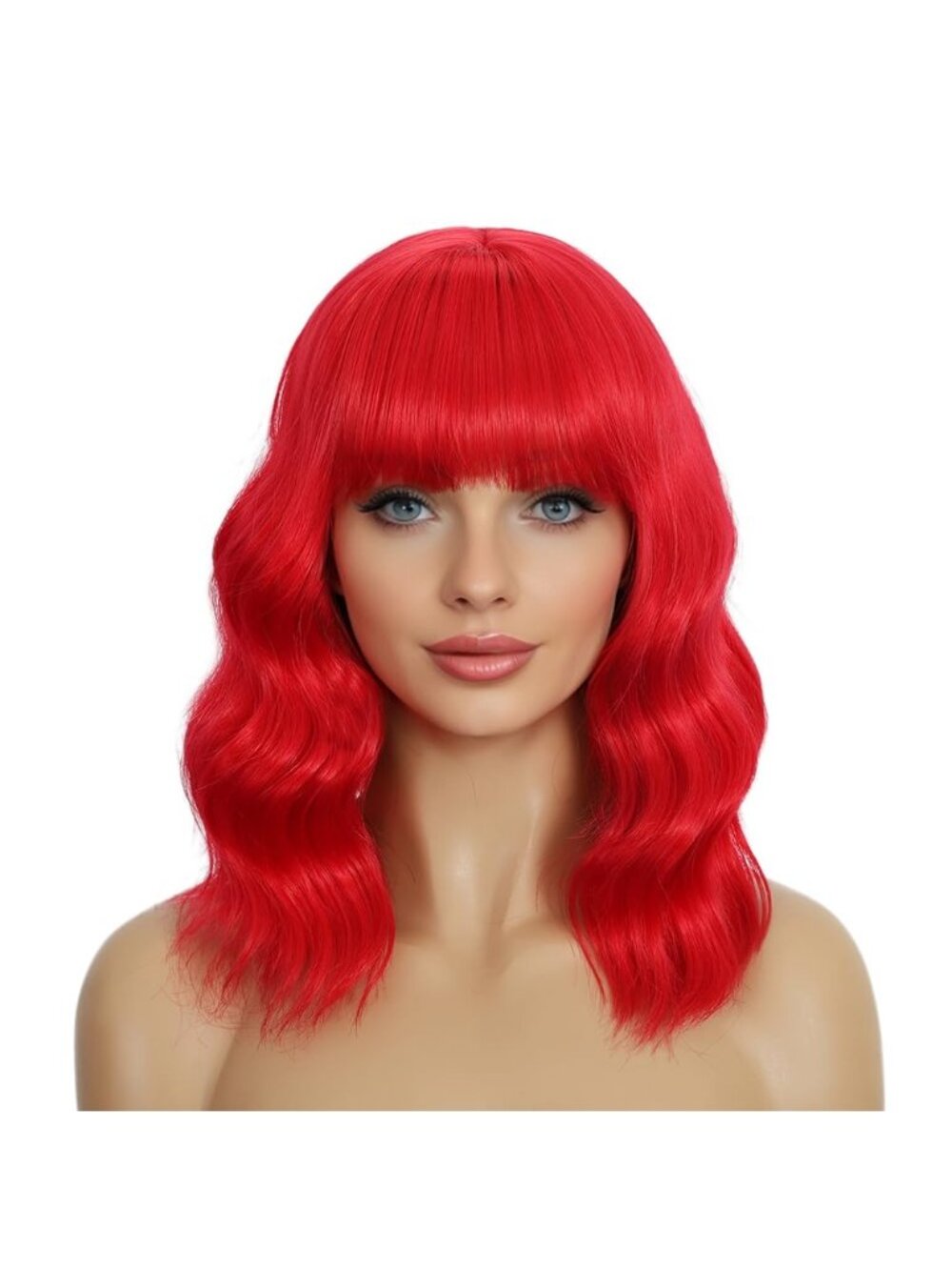 Women's Red 14 Inch Heat Resistant Synthetic Short Wavy Bob Wigs Bangs